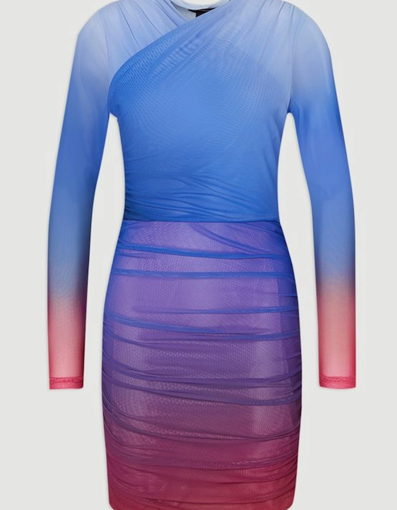 Ombre Printed Mesh Ruched Mini Dress