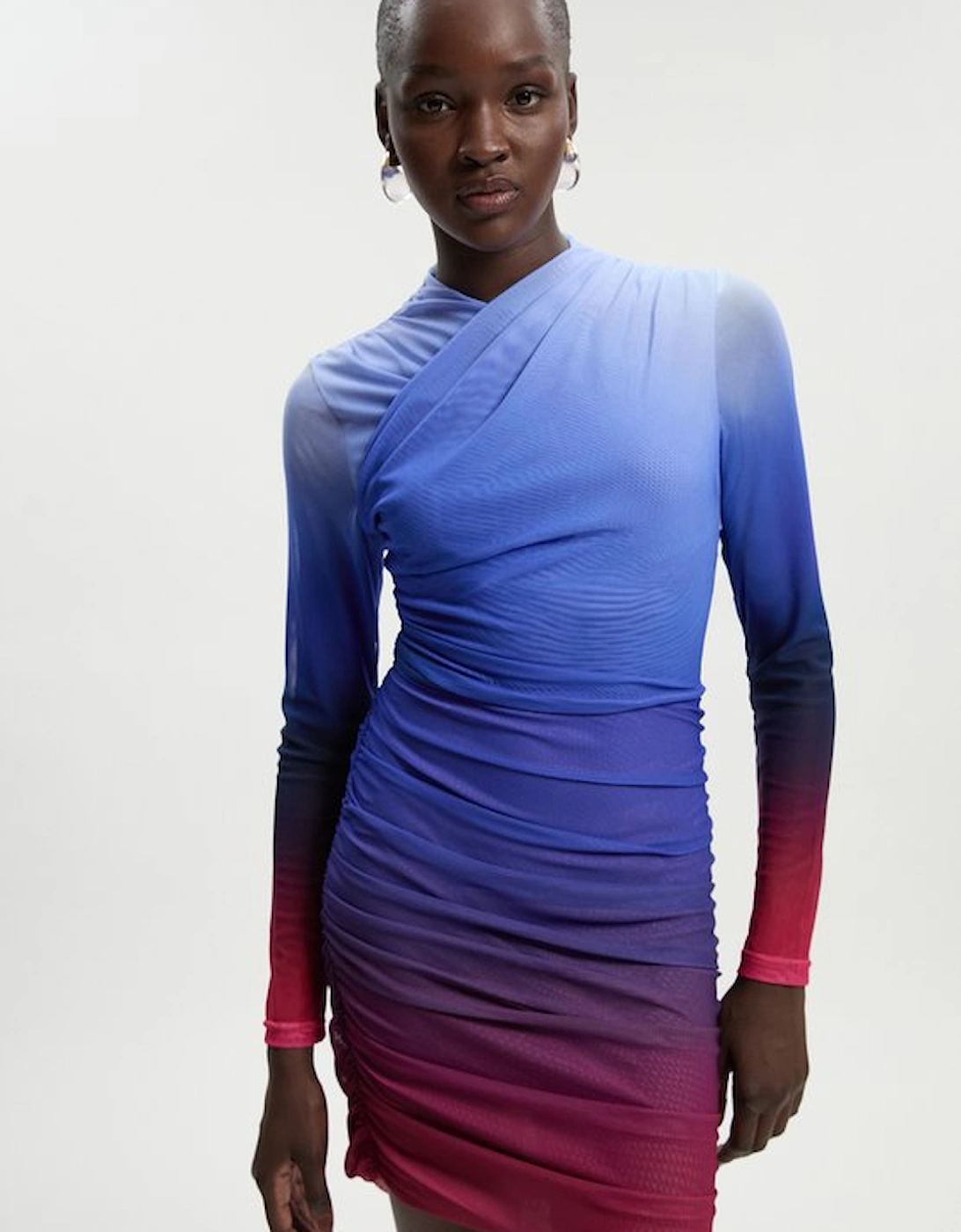 Ombre Printed Mesh Ruched Mini Dress, 5 of 4