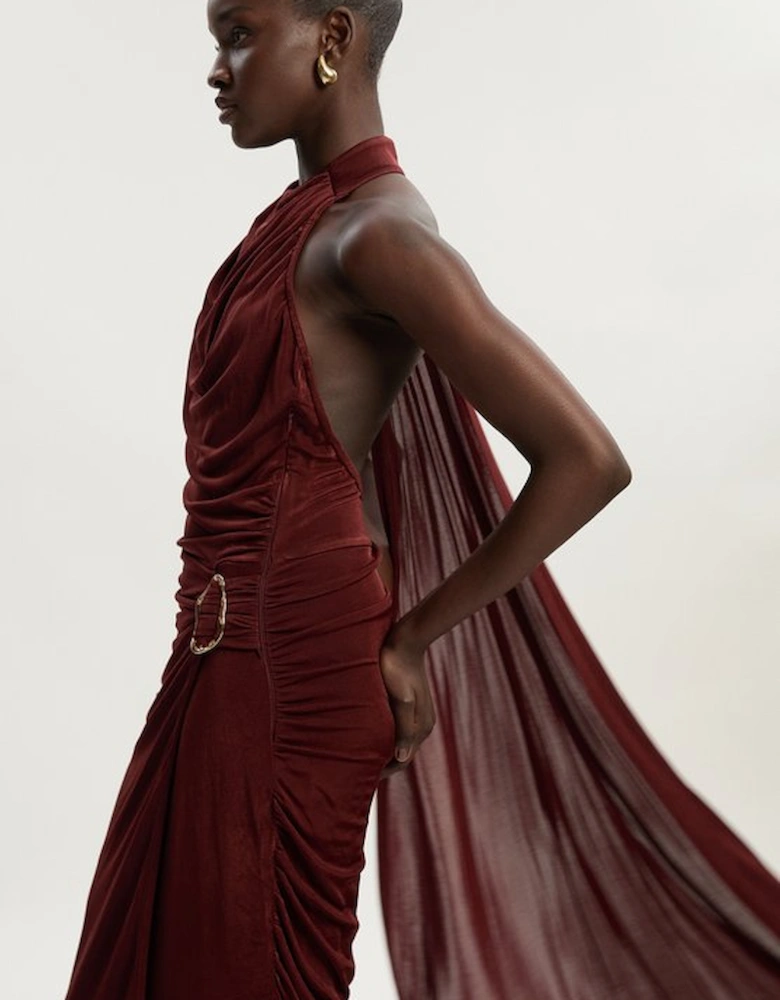 Premium Slinky Crepe High Neck Scarf Detail Maxi Dress