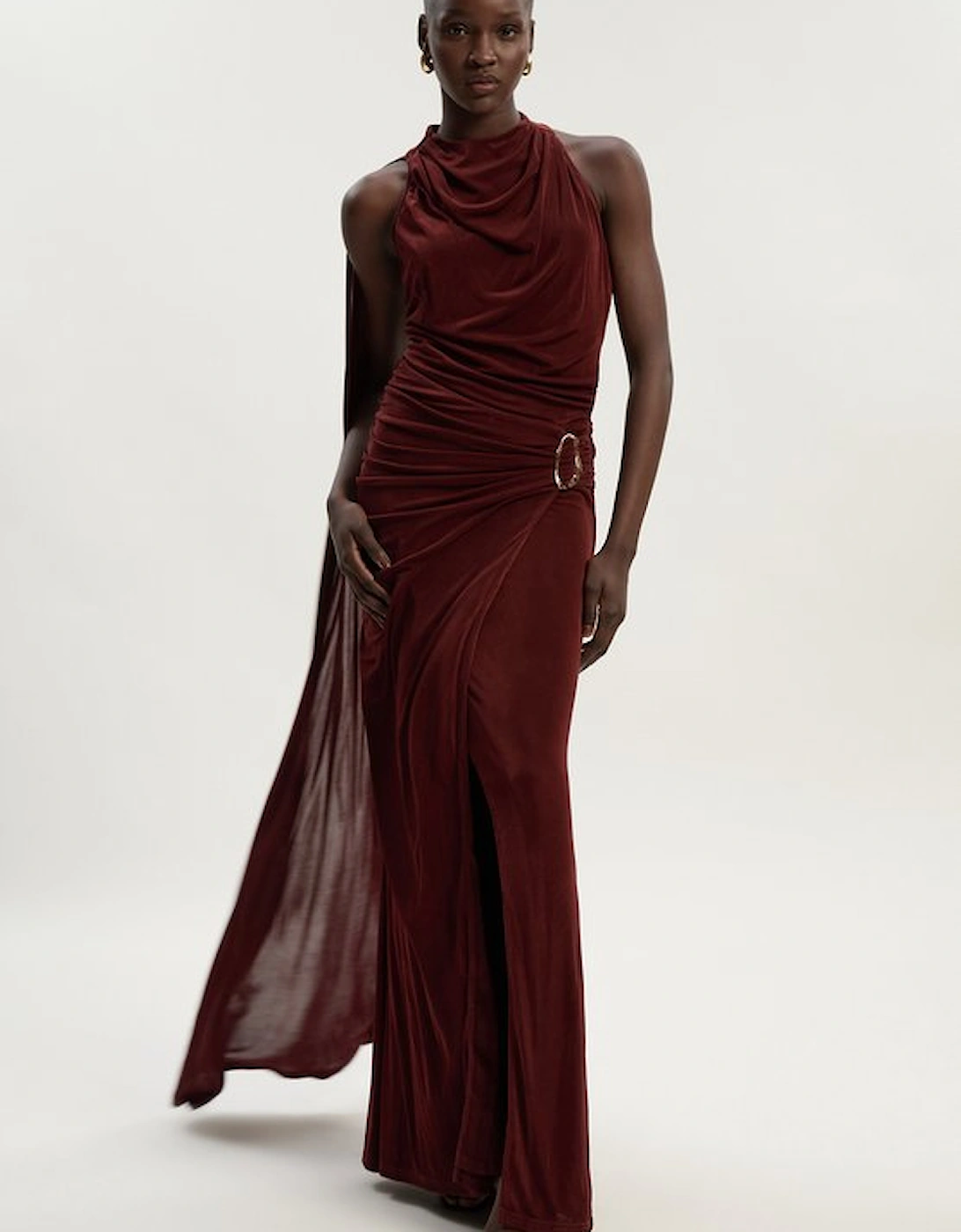 Premium Slinky Crepe High Neck Scarf Detail Maxi Dress