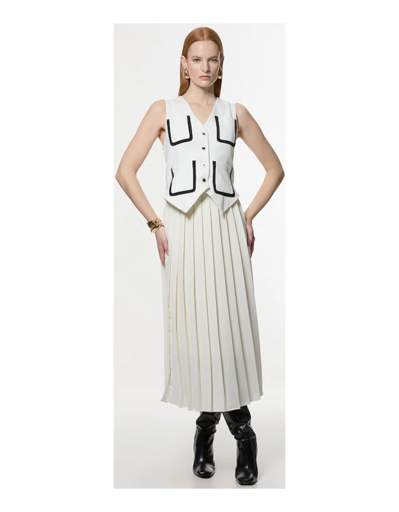 Compact Stretch Sleeveless Pleated Tipped Tailored Midaxi Dress
