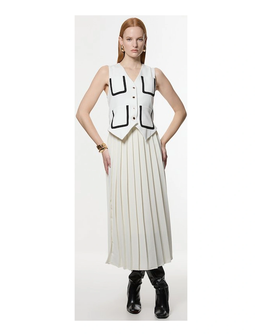Compact Stretch Sleeveless Pleated Tipped Tailored Midaxi Dress, 5 of 4