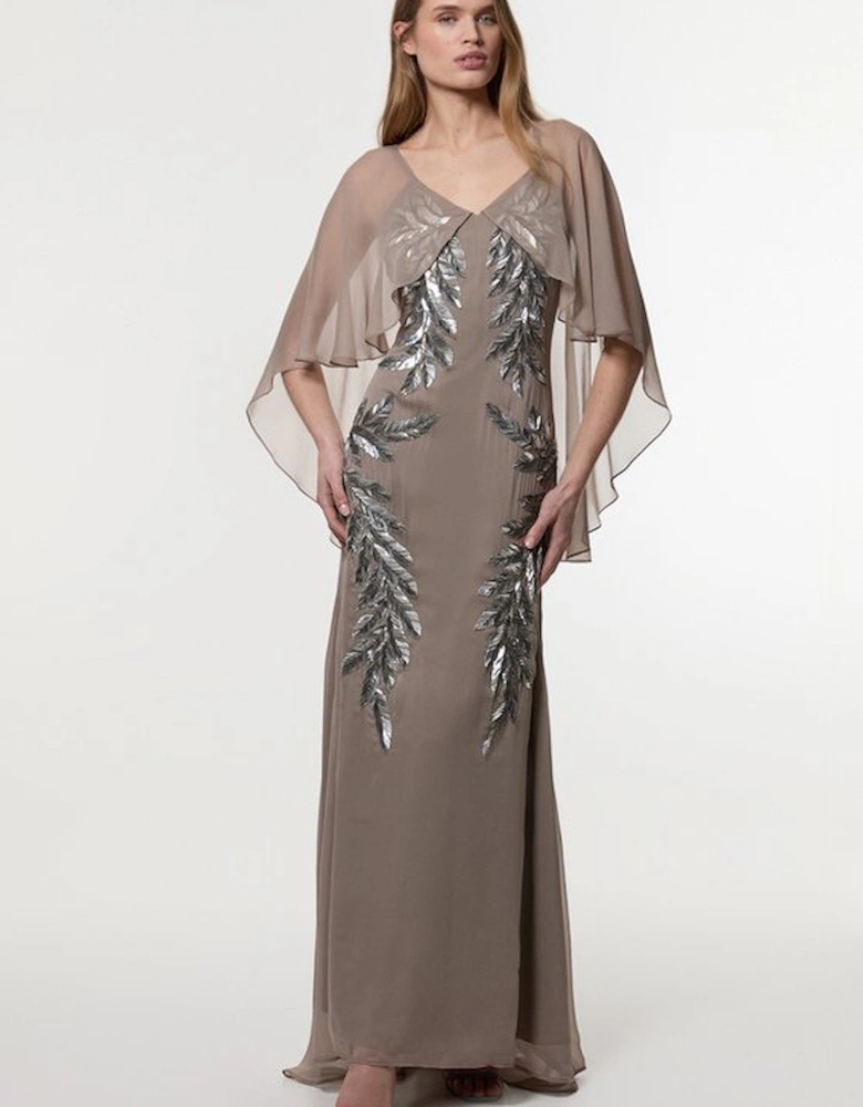 Feather Embellished Woven Cape Sleeve Maxi Dress