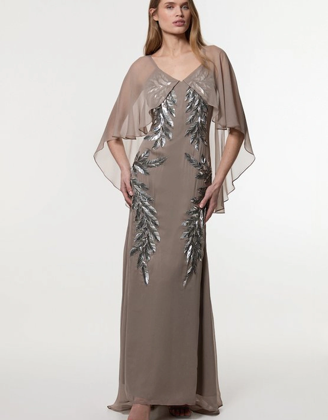 Feather Embellished Woven Cape Sleeve Maxi Dress, 5 of 4