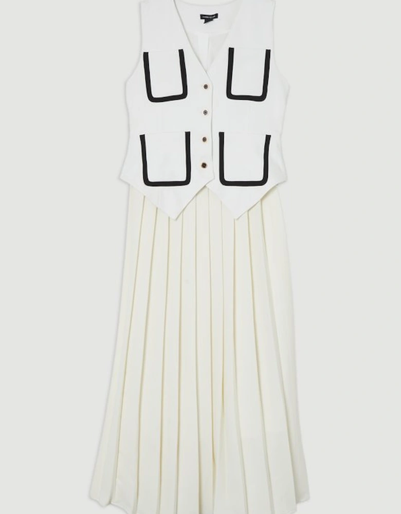 Compact Stretch Sleeveless Pleated Tipped Tailored Midaxi Dress
