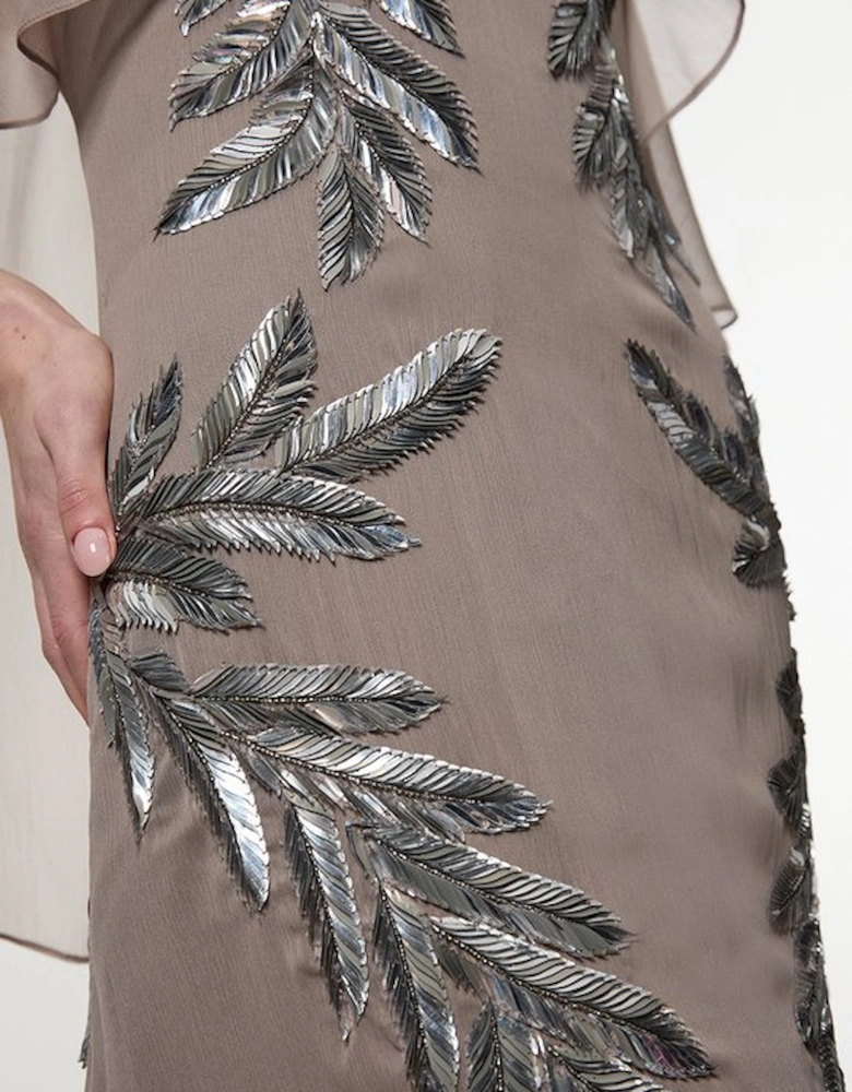 Feather Embellished Woven Cape Sleeve Maxi Dress