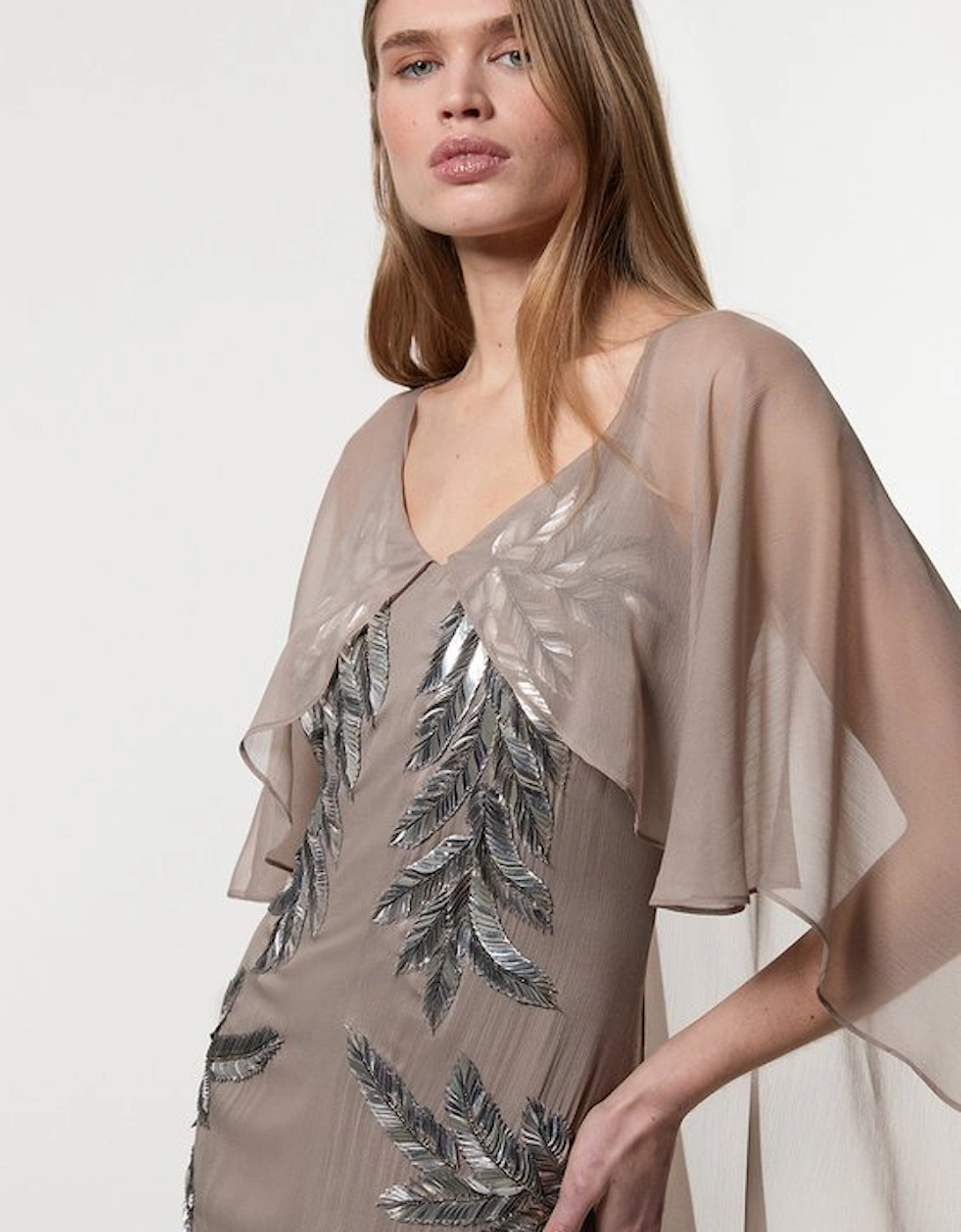 Feather Embellished Woven Cape Sleeve Maxi Dress