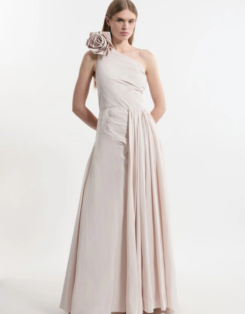 Petite Taffeta Rosette Neck Tailored Pleat Gathered Maxi Dress