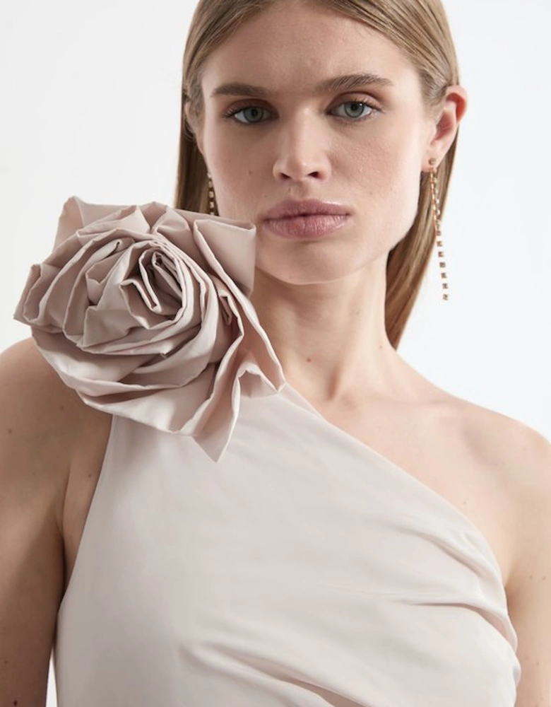 Petite Taffeta Rosette Neck Tailored Pleat Gathered Maxi Dress