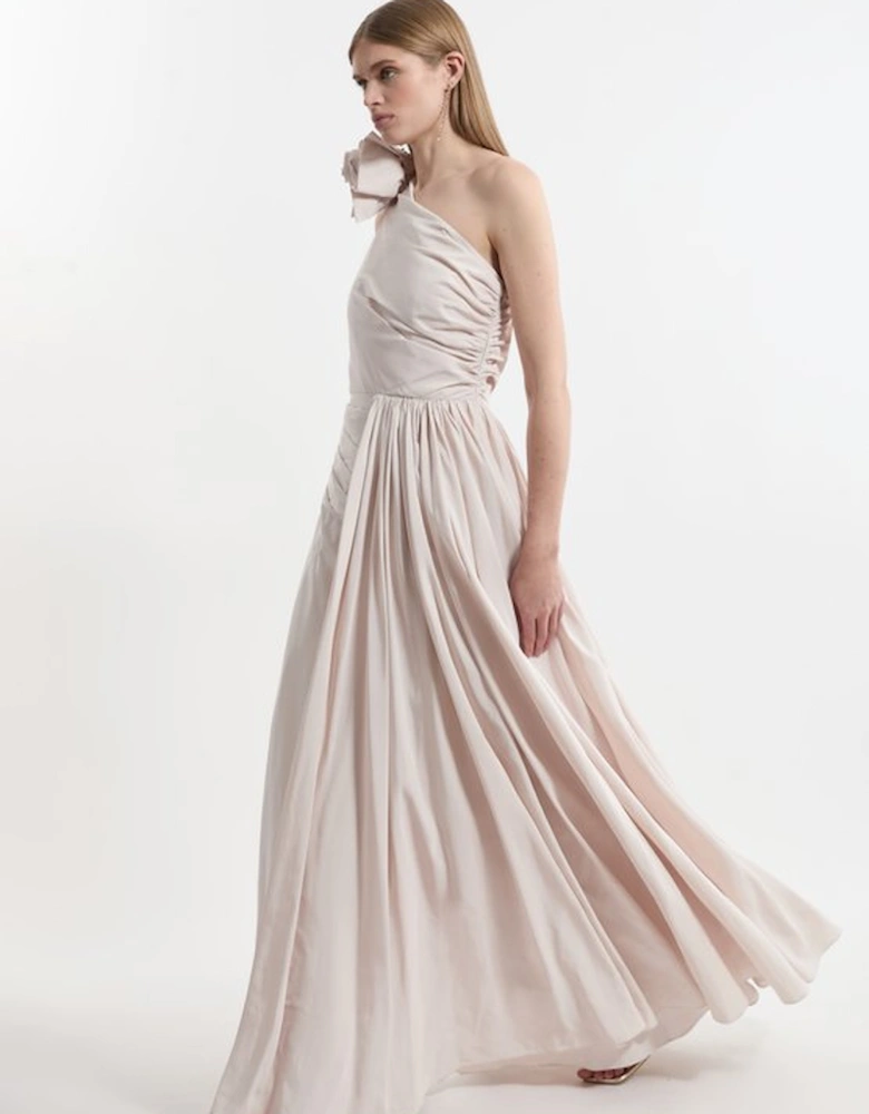 Petite Taffeta Rosette Neck Tailored Pleat Gathered Maxi Dress