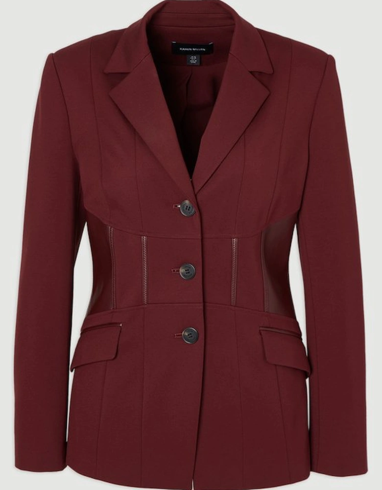 Ponte And Pu Mix Waist Seam Detail Tailored Single Breasted Blazer
