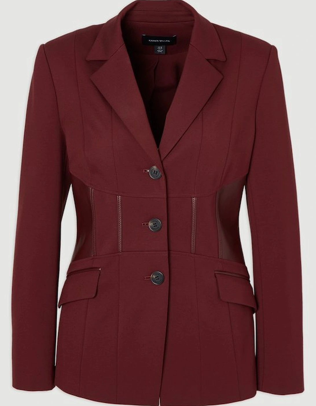 Ponte And Pu Mix Waist Seam Detail Tailored Single Breasted Blazer