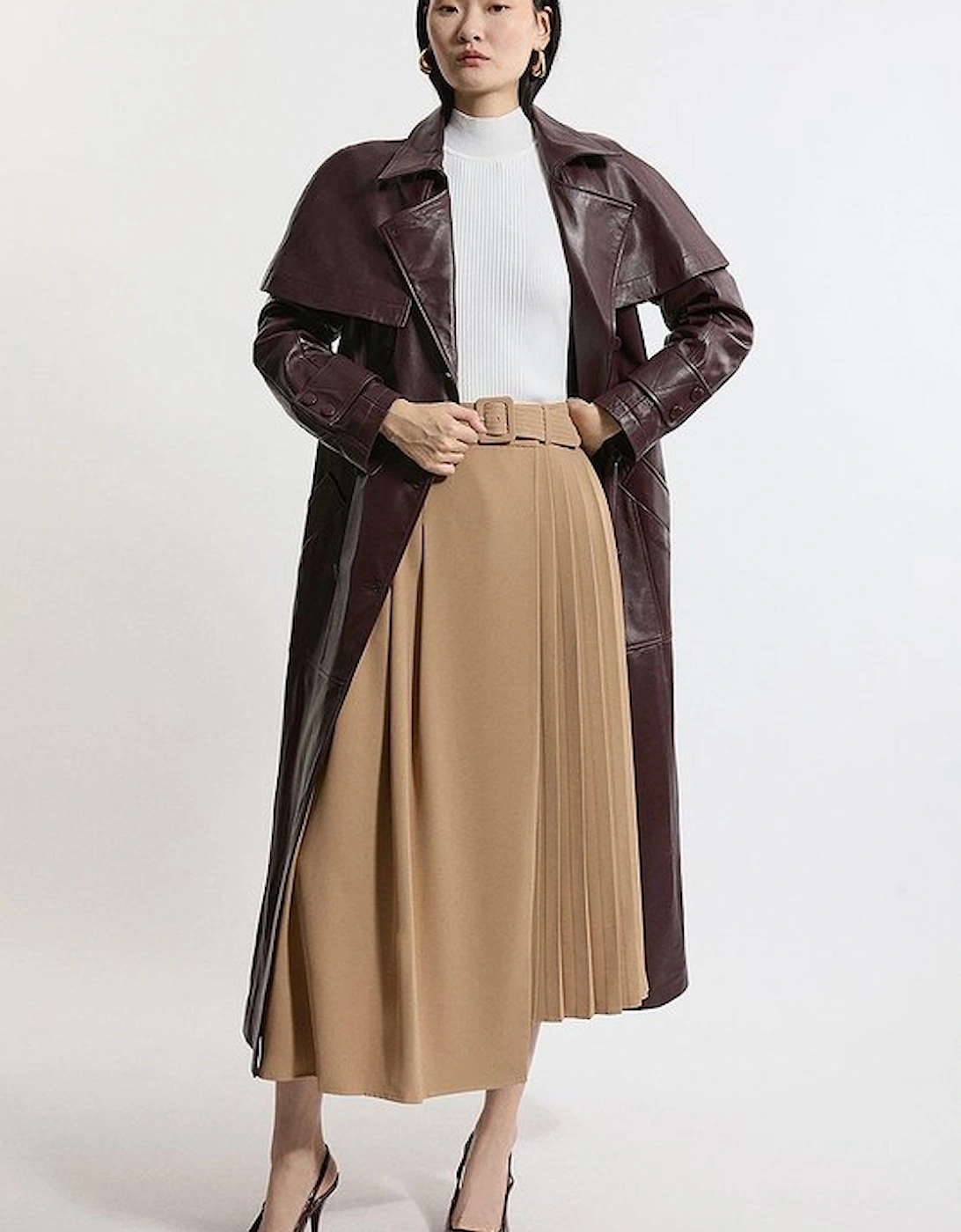 Soft Tailored Crepe Belted Pleated Midi Skirt, 4 of 3