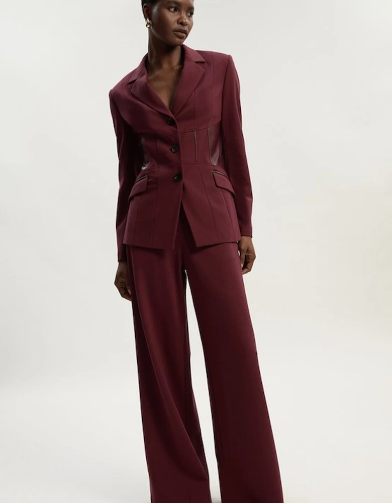 Ponte And Pu Mix Waist Seam Detail Tailored Single Breasted Blazer