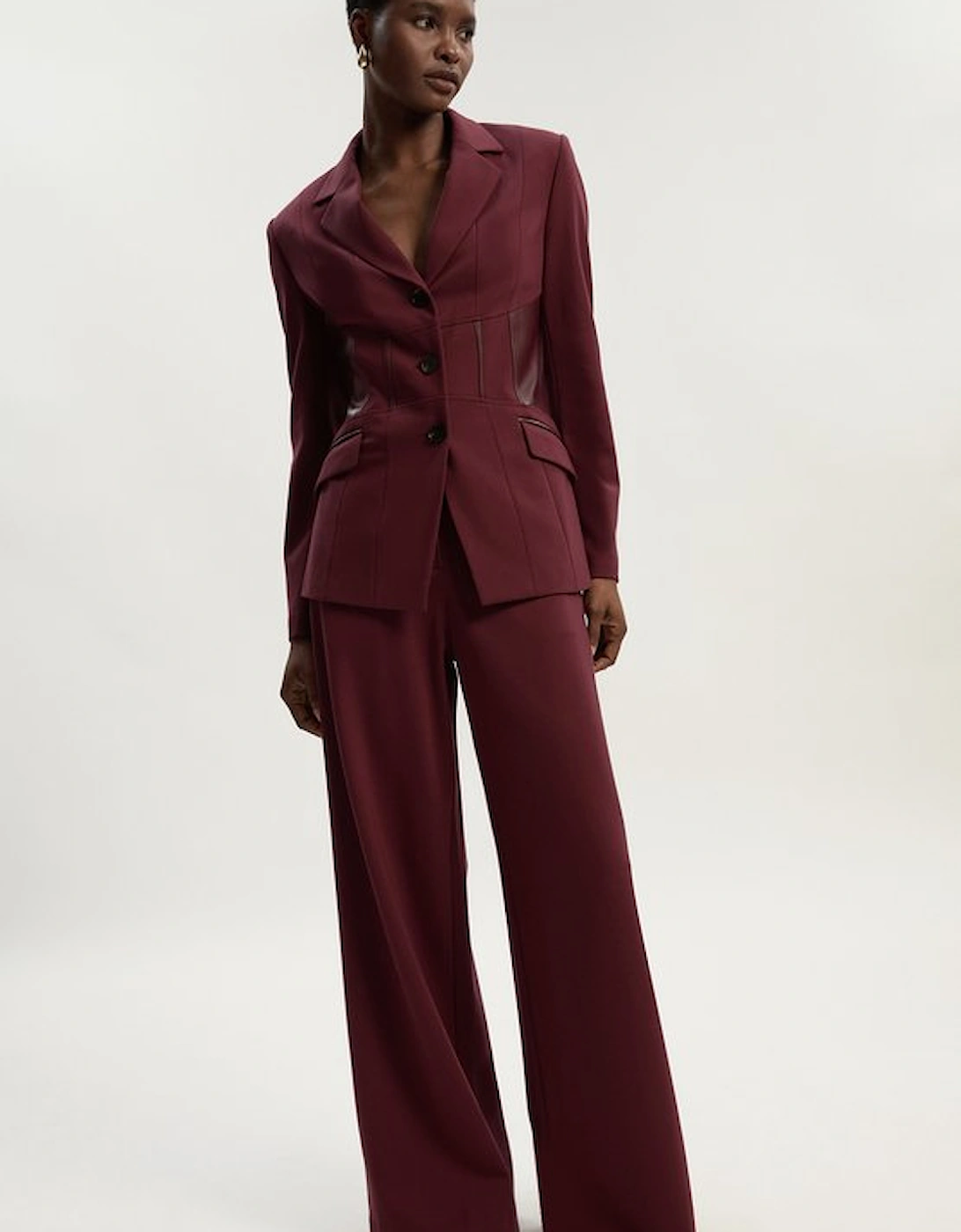 Ponte And Pu Mix Waist Seam Detail Tailored Single Breasted Blazer