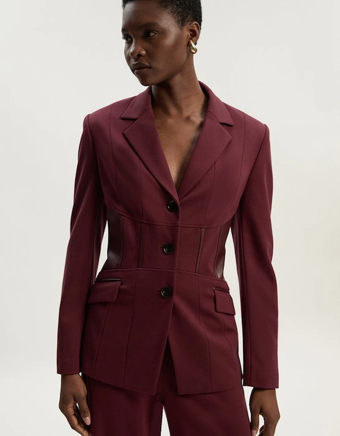 Ponte And Pu Mix Waist Seam Detail Tailored Single Breasted Blazer