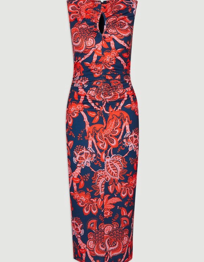 Paisley Floral Jersey Crepe Cut Out Neck Midi Dress