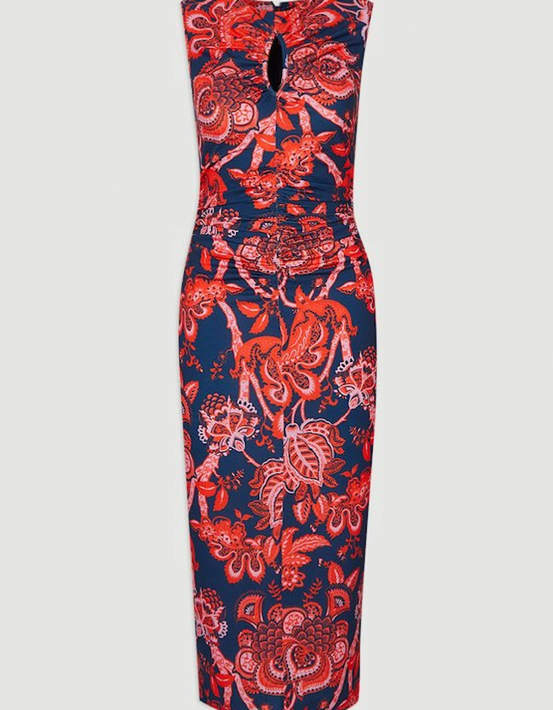 Paisley Floral Jersey Crepe Cut Out Neck Midi Dress