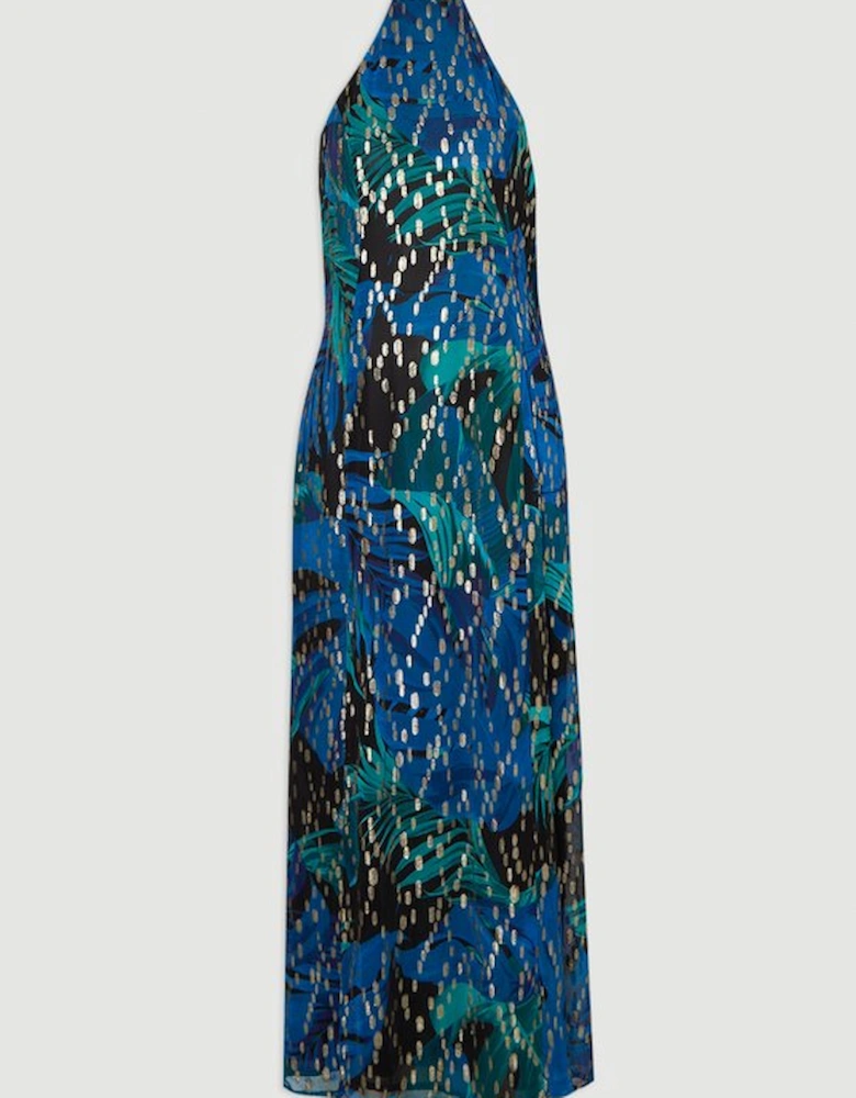 Viscose Metallic Palm Print Halter Neck Maxi Dress
