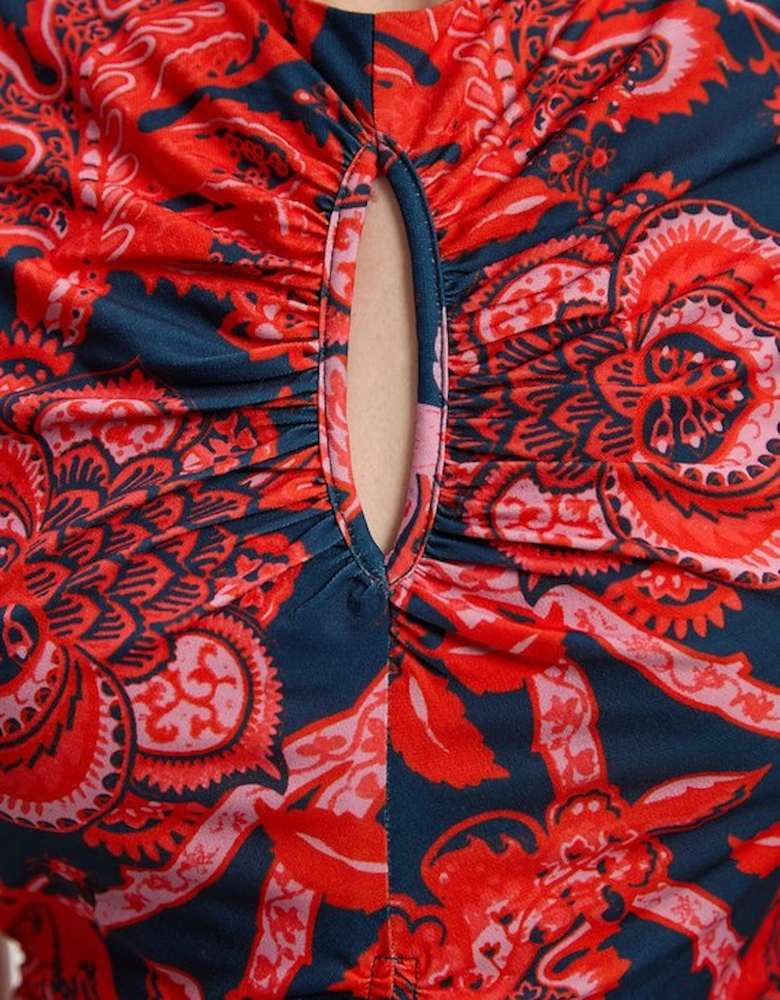 Paisley Floral Jersey Crepe Cut Out Neck Midi Dress