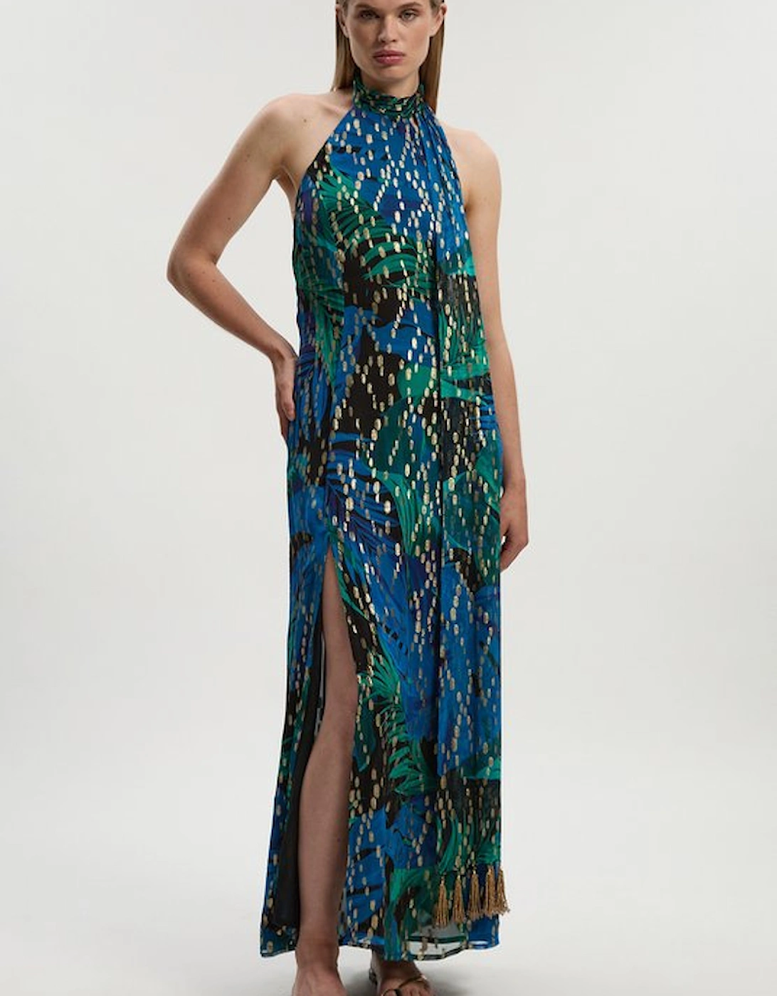 Viscose Metallic Palm Print Halter Neck Maxi Dress, 5 of 4