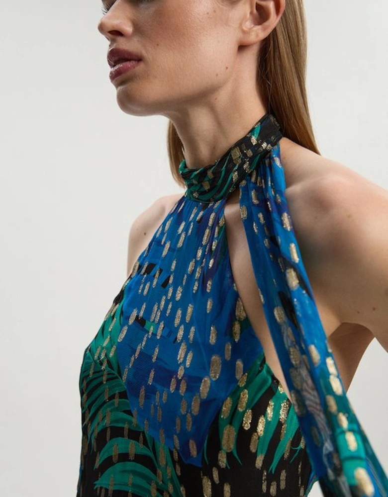 Viscose Metallic Palm Print Halter Neck Maxi Dress
