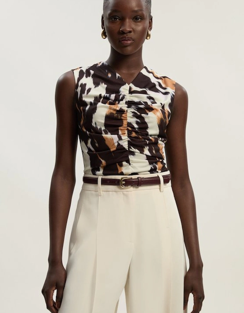 Animal Print Crepe Ruched Top