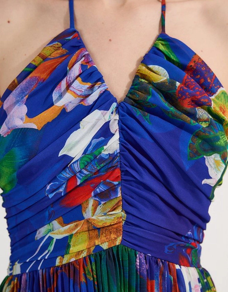 Tall Tropical Georgette Crinkle Tiered Halterneck Midi Dress