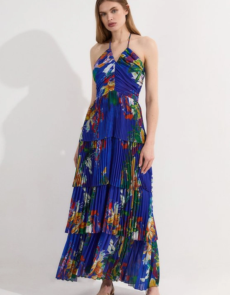 Tall Tropical Georgette Crinkle Tiered Halterneck Midi Dress