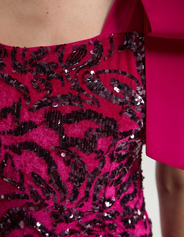 Velvet Sequin Woven Mini Dress With Taffeta Bow Tie Detail