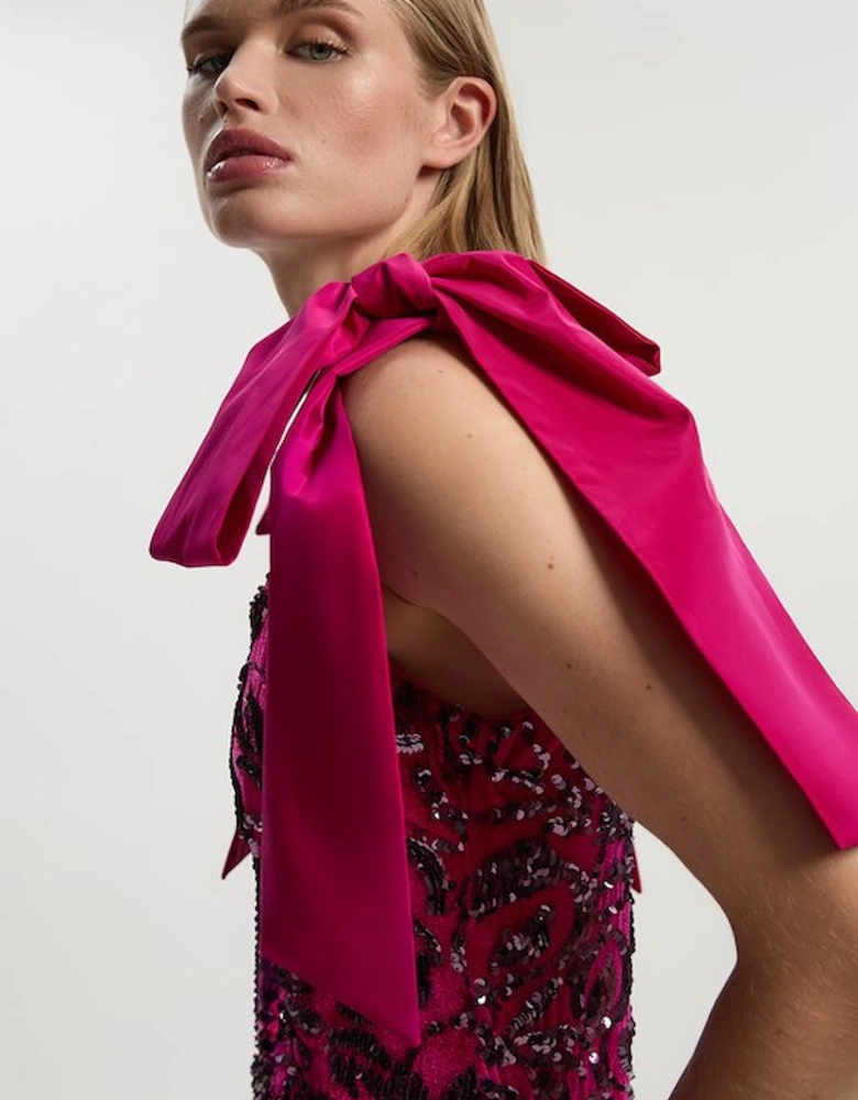 Velvet Sequin Woven Mini Dress With Taffeta Bow Tie Detail
