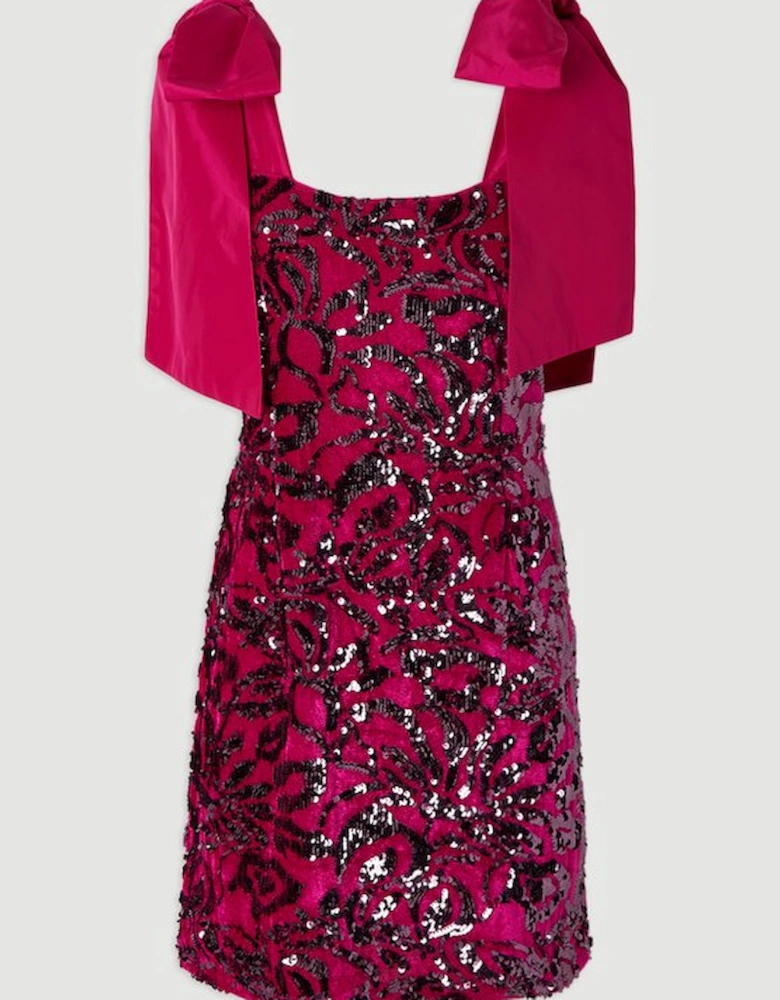 Velvet Sequin Woven Mini Dress With Taffeta Bow Tie Detail