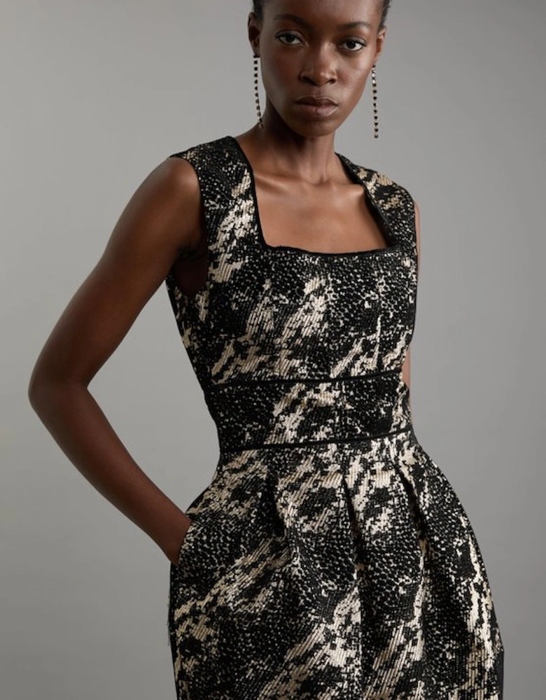 Metallic Velvet Jacquard Tailored Square Neck Midi Dress