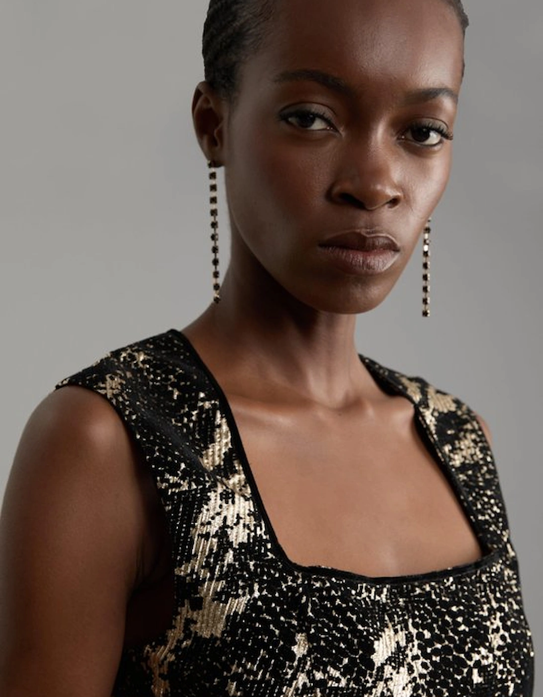Metallic Velvet Jacquard Tailored Square Neck Midi Dress