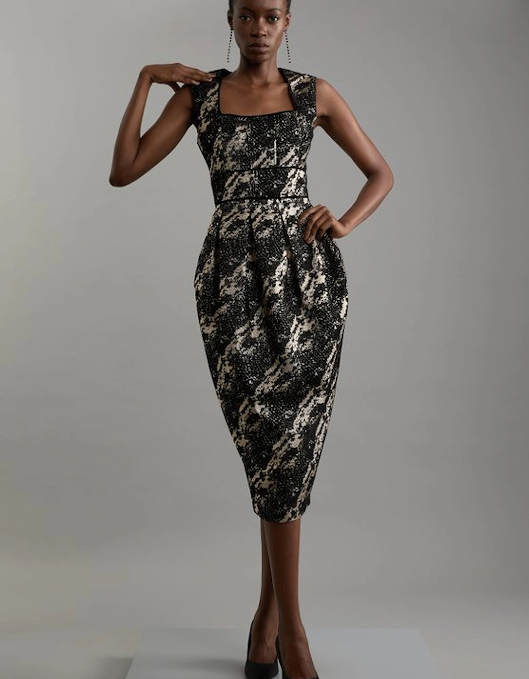 Metallic Velvet Jacquard Tailored Square Neck Midi Dress, 4 of 3