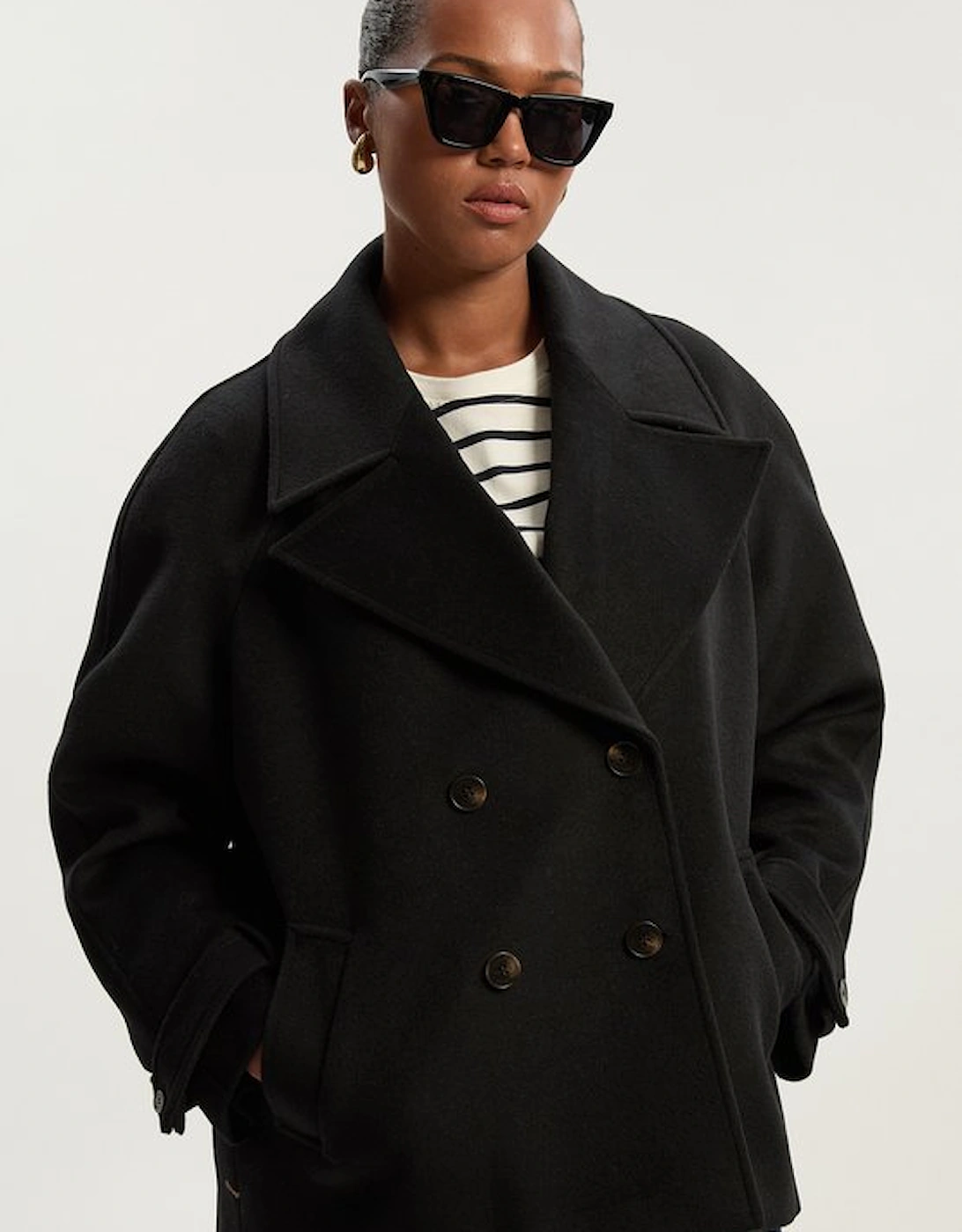 Plus Size Tailored Brushed Wool Double Breasted Short Pea Coat