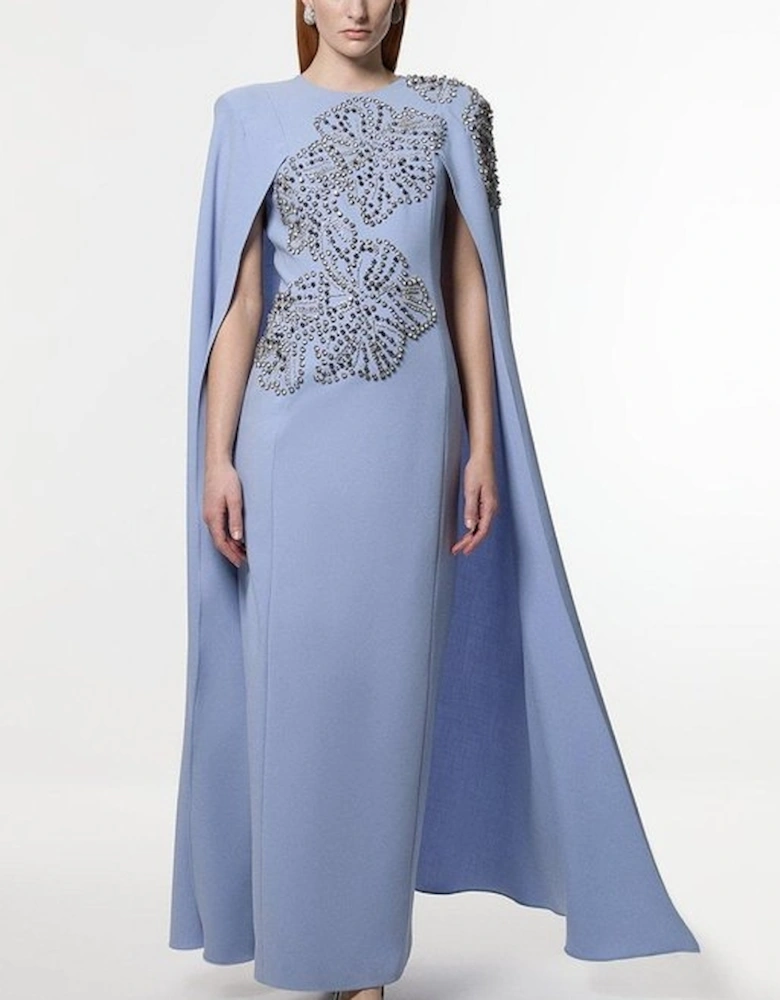 Placed Floral Crystal Embellished Tailored Drama Cape Maxi Dress