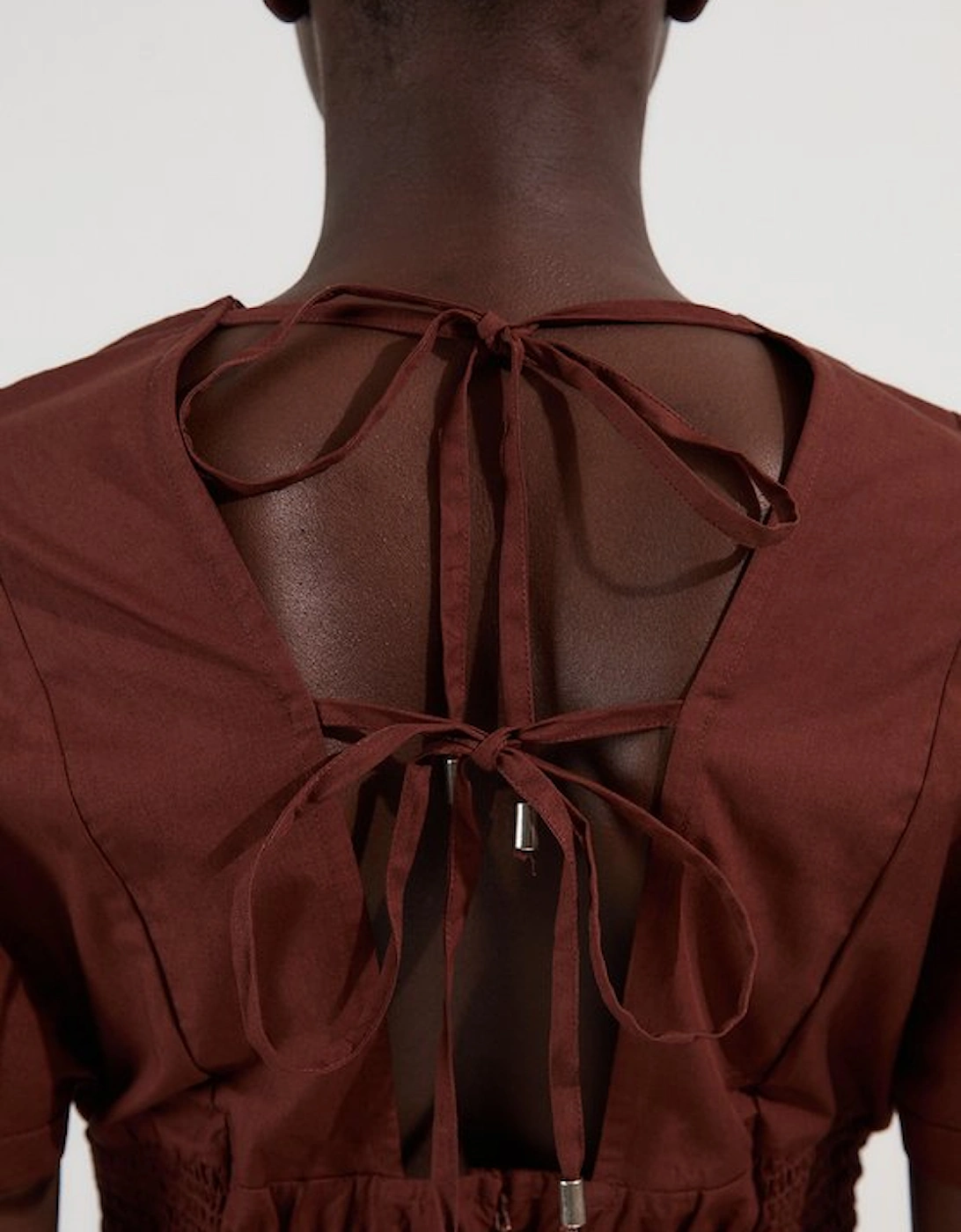 Shirred Cotton Woven Plunge Neck Short Sleeve Top, 5 of 4