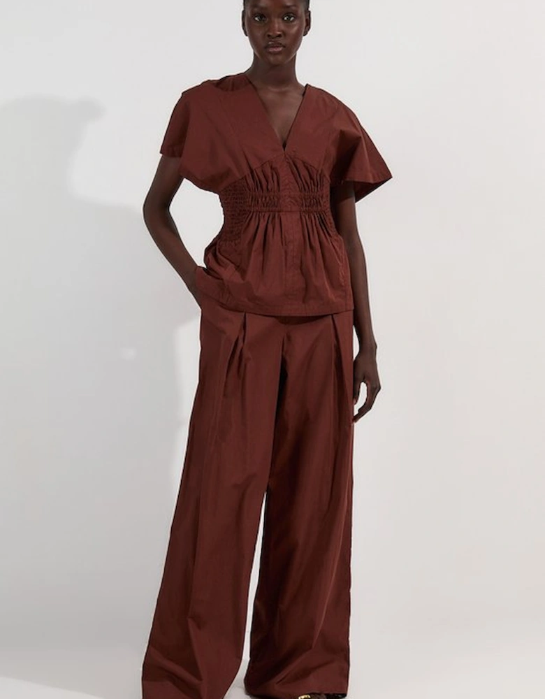 Shirred Cotton Woven Plunge Neck Short Sleeve Top