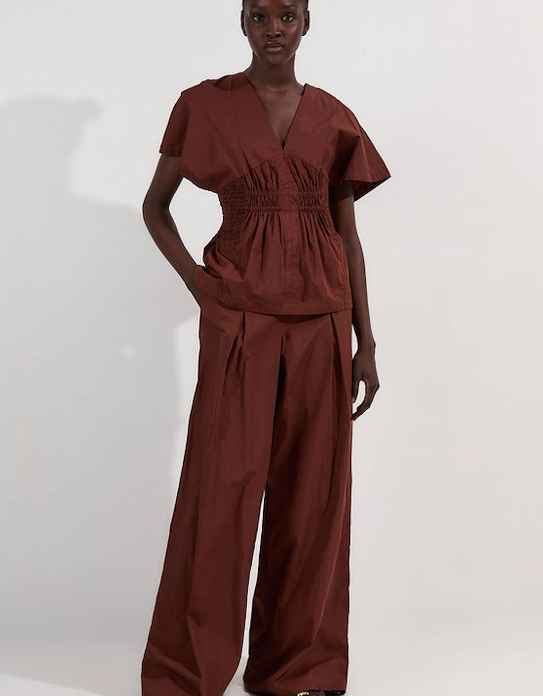 Shirred Cotton Woven Plunge Neck Short Sleeve Top