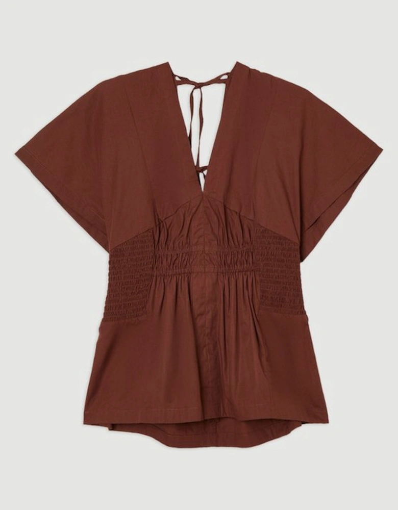 Shirred Cotton Woven Plunge Neck Short Sleeve Top