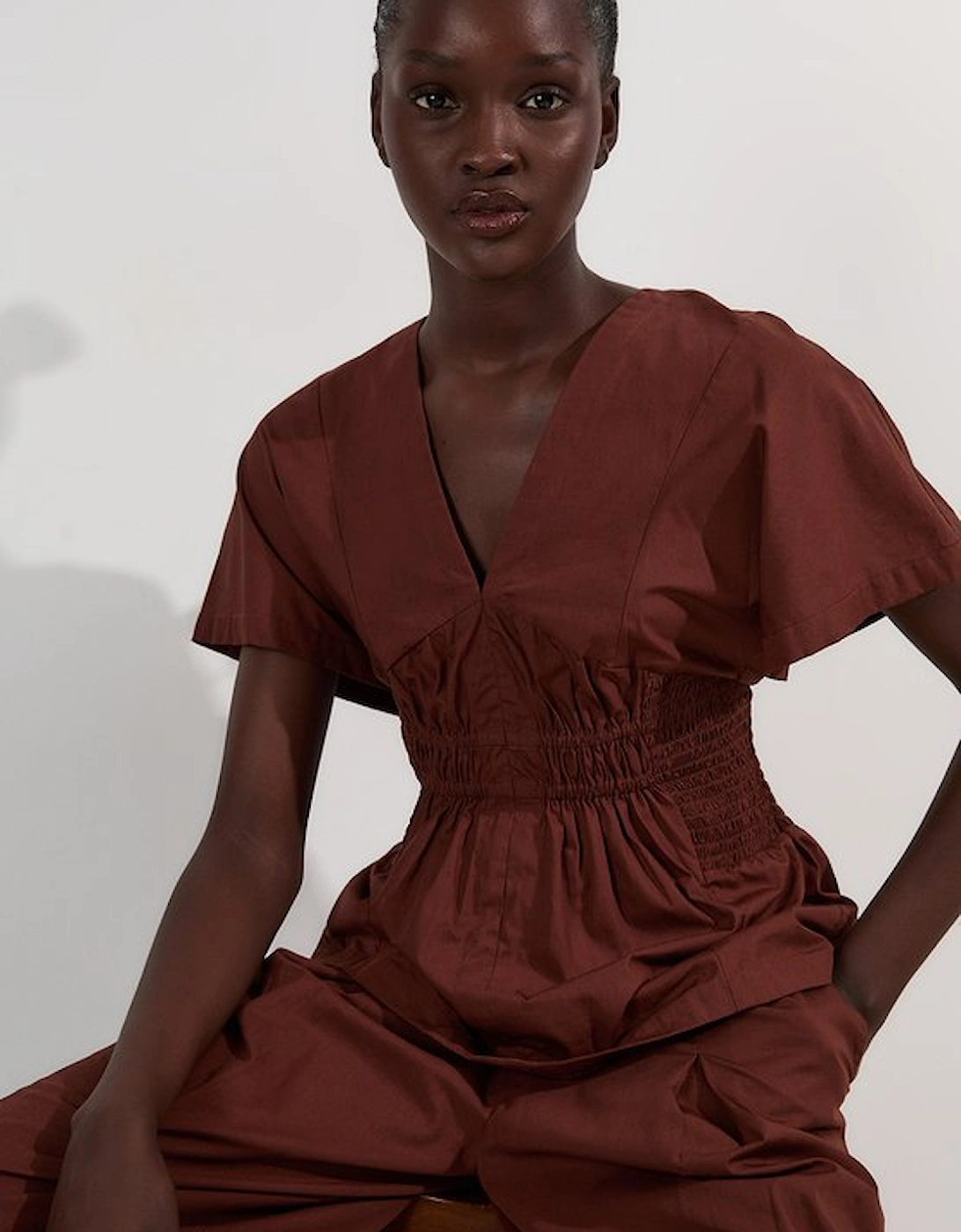 Shirred Cotton Woven Plunge Neck Short Sleeve Top