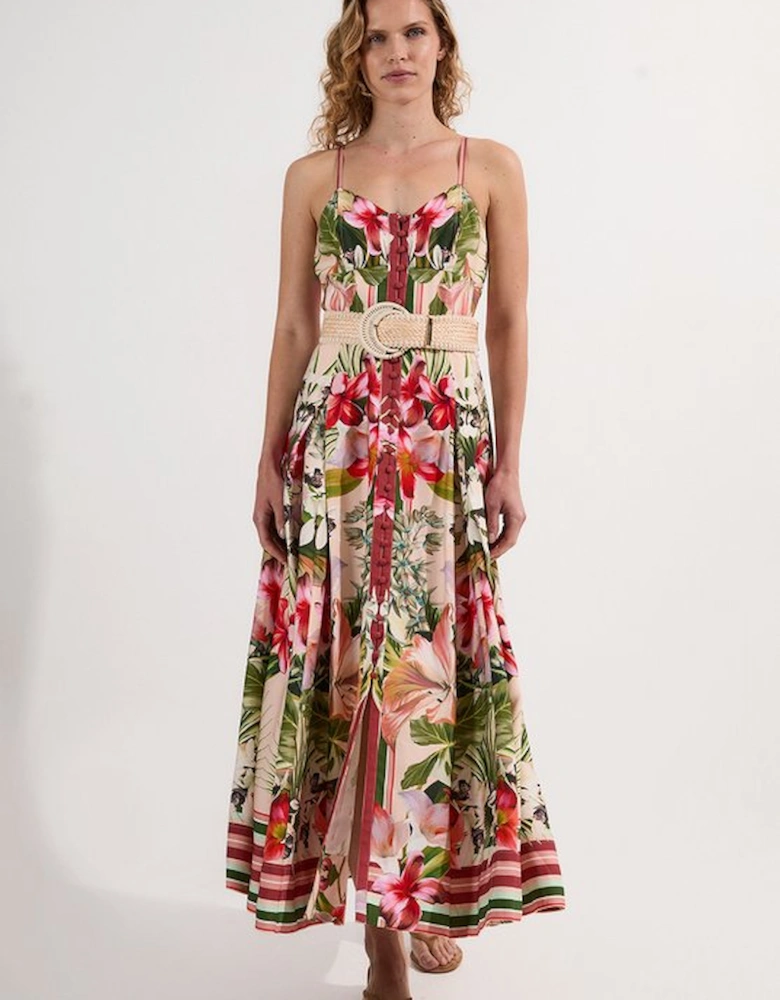 Mirrored Viscose Linen Floral Print Woven Maxi Dress With Raffia Belt