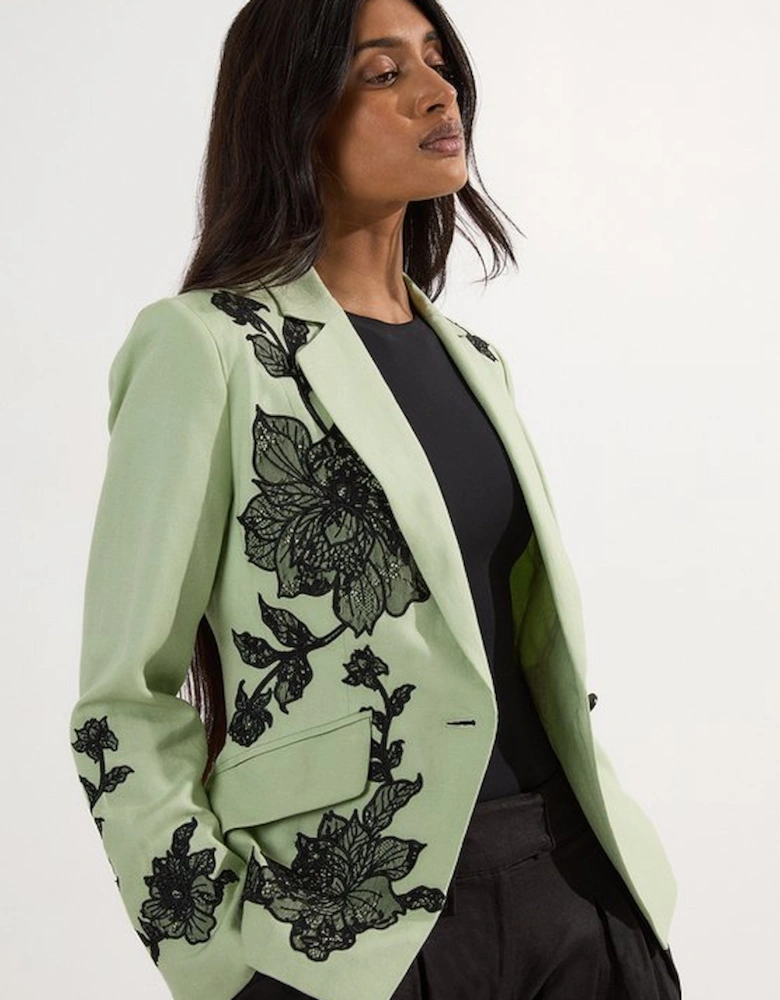 Viscose Linen Placed Floral Lace Embroideried Tailored Jacket
