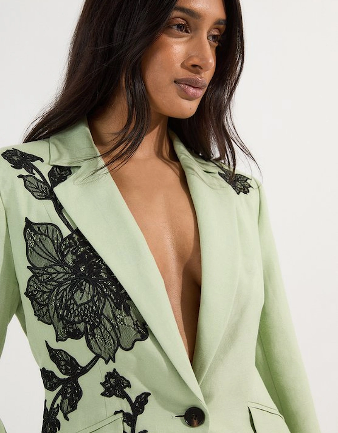 Viscose Linen Placed Floral Lace Embroideried Tailored Jacket, 5 of 4