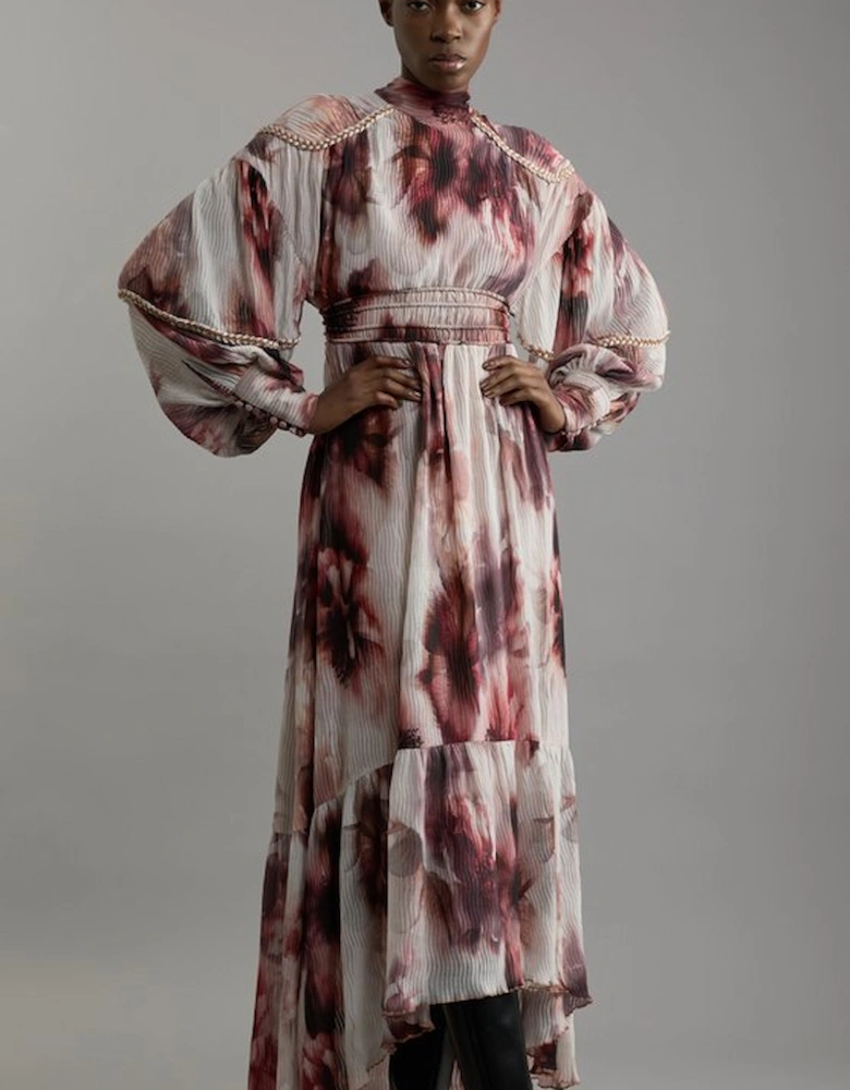 Petite Crinkle Floral Woven Maxi Dress With Laced Back And Embellishment