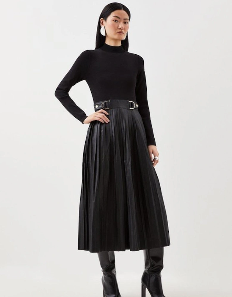 Pu Knit Pleated Skirt Midi Dress