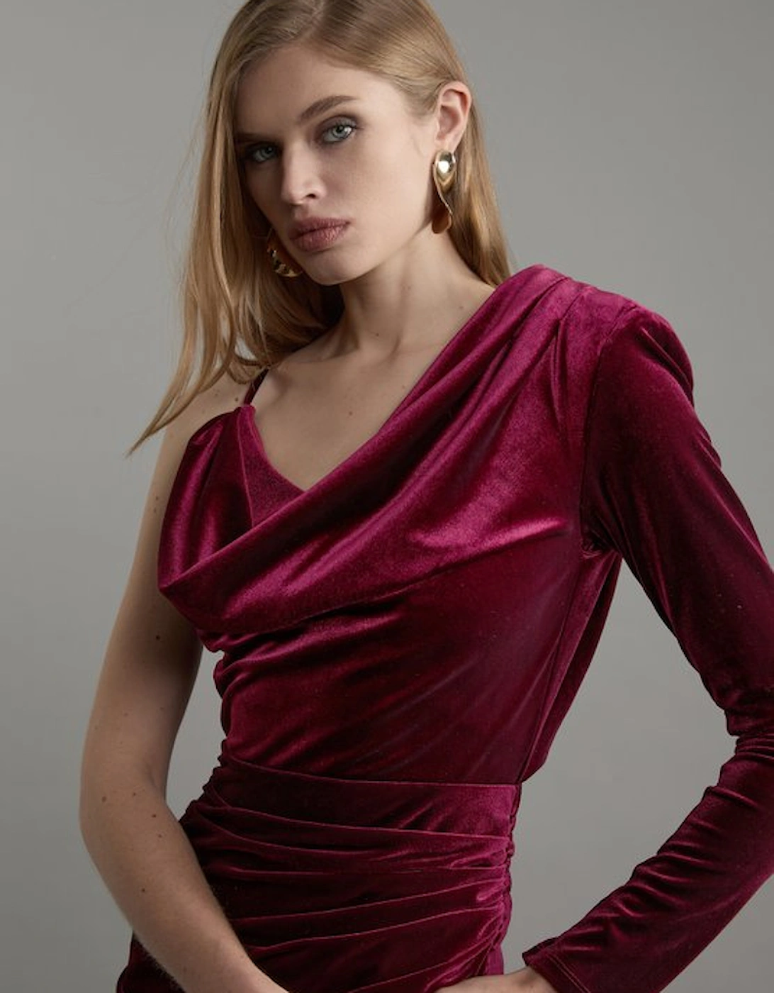 Petite Velvet Asymmetric One Shoulder Tailored Maxi Dress, 4 of 3
