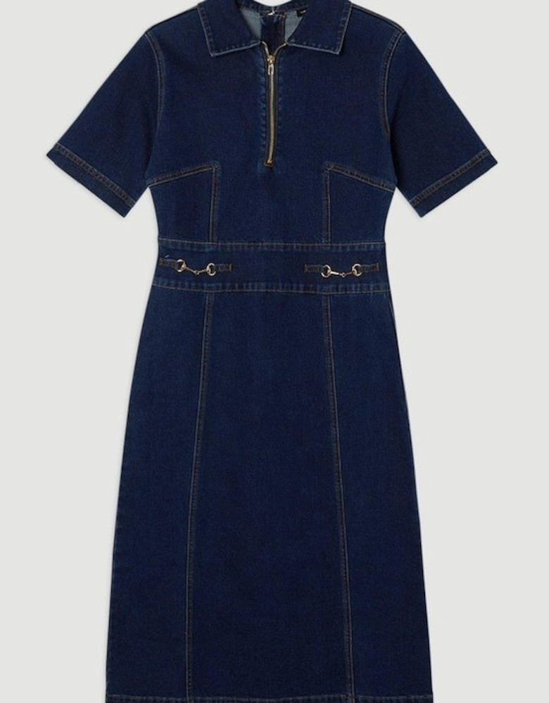 Stretch Denim Snaffle Trim Collared Midi Dress