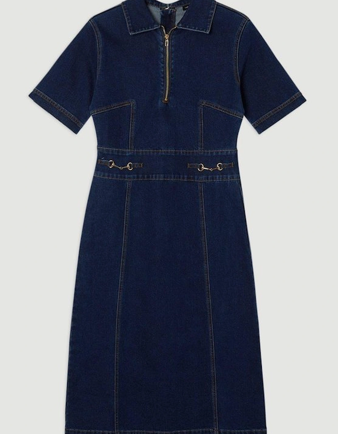 Stretch Denim Snaffle Trim Collared Midi Dress